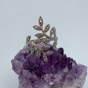 Sterling Silver Crystal Vine Leaf Spray Ring